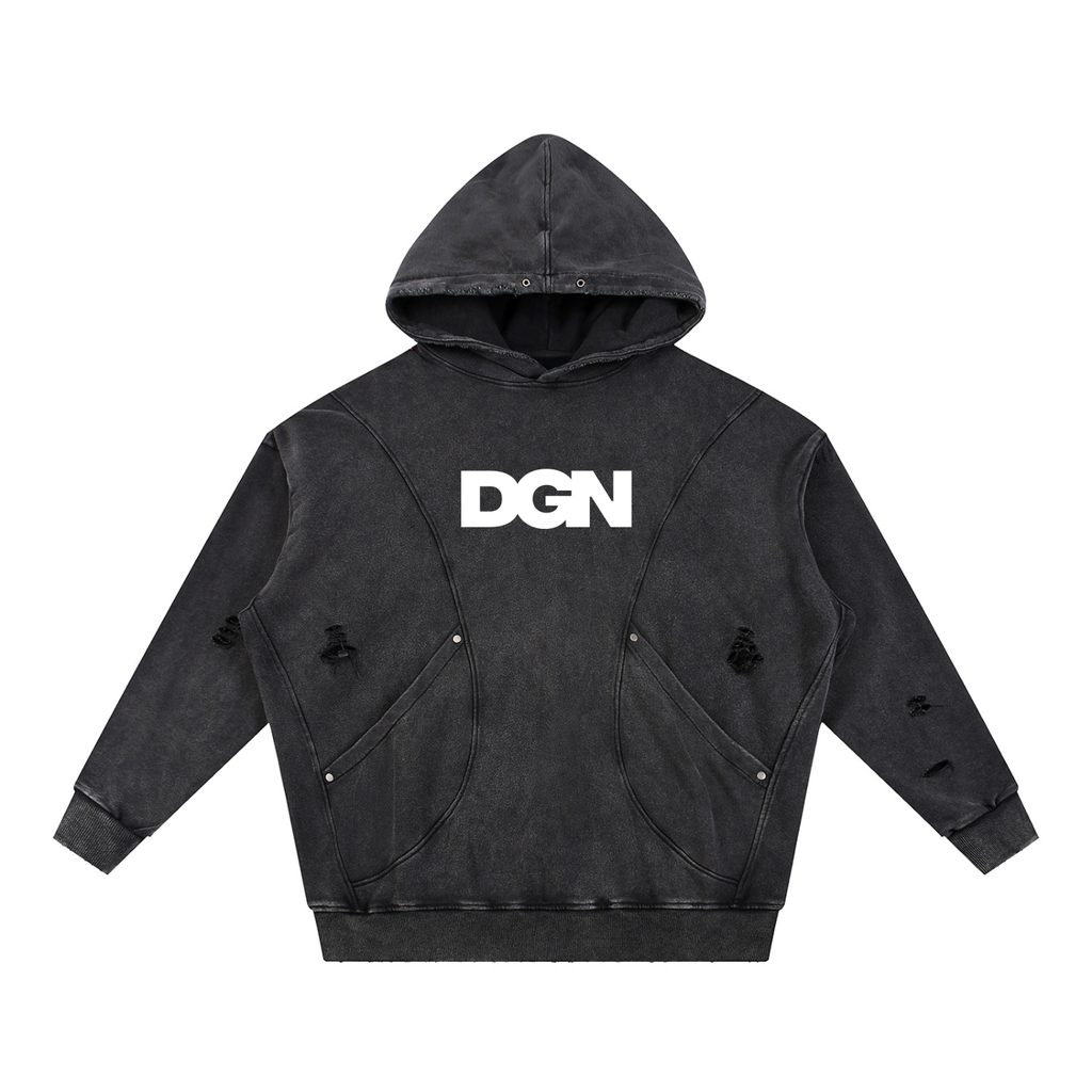 Snow Washed Distressed Panel Pocket Hoodie