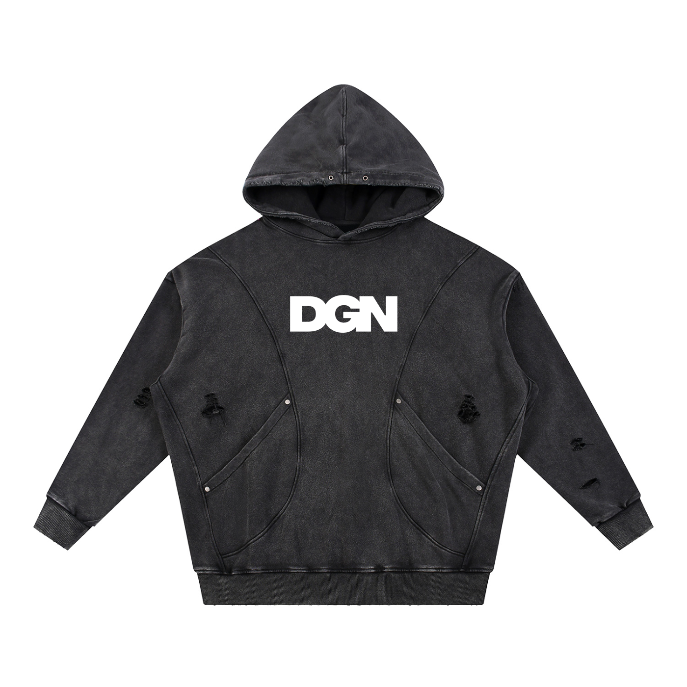 Snow Washed Distressed Panel Pocket Hoodie